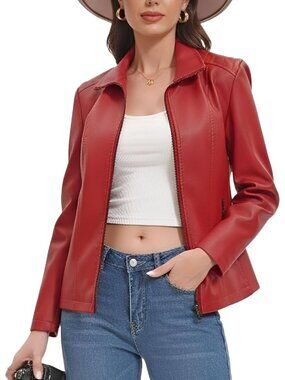 Women’s Red Faux Leather Motorcycle Jacket Zip Up Fashion Coat